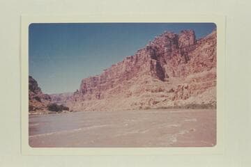 Down Cataract Canyon from the river at Mile 205.3. Range Canyon at Mile 205.1 is at right