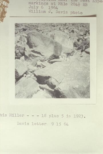Inscriptions near the Best Expedition markings at Mile 204 1/2, right bank. I. O. Miller inscription