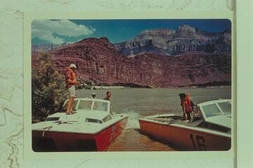 "Big Red" and "Big Yellow" at camp at head of Unkar Rapid.  Guy Mannering; Dock Marston; Bill Austin; Jon Hamilton