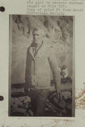 Reith Hyde at the mouth of Diamond Creek during the preparations by Jimmie Brooks and the Kolb brothers to row downriver in an old punt to recover dunnage from the Hyde sweep-scow which had caught at Mile 237