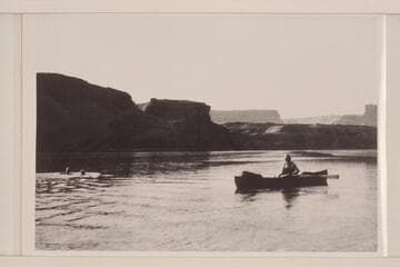 Sarah Fraser swimming at El Vado--Loper in the boat. Copy of print in album of Sarah Fraser Robbins