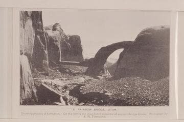 Rainbow Bridge, Utah; showing process of formation.  On the left is the abandoned meander of ancient Bridge Creek