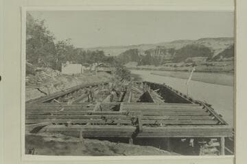 Hull of Hoskanini dredge.  Under construction at Mile 121 in Glen Canyon