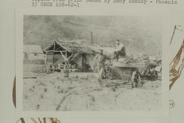 Camp and trailer hauled by tractor, Gretchen Bar