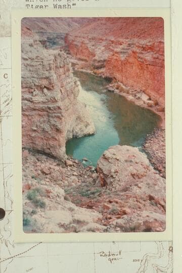 Downriver from about Mile 28.3 as seen from right bank. Butchart gives a tentative location as "Down at R. Opp. Tiger Wash."
