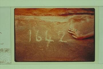 "1642" inscription opposite the mouth of Lake Canyon, Mile 113. Charles Kelly was fairly certain this inscription was a fake