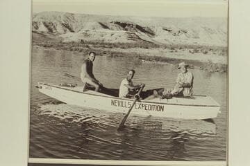 The crew of the ?Wen? at Pierces Ferry after the 1947 traverse of Grand Canyon. Al Milotte; Norm Nevills; Randall Henderson