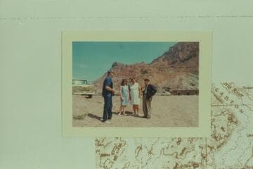 Ruth Greene Baker and her daughter talk with Dock Marston (right) at the boat landing by The Fort near Lees Ferry