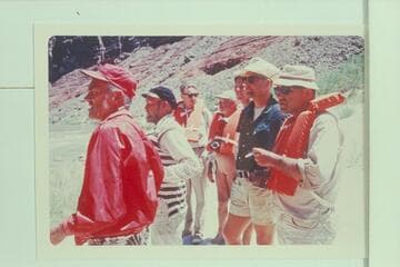 A look-see a Hance Rapid.  Left to right:  Littleton, Jordan, Gardner, Marston, Buzz Belknap, Bechtel and Komie