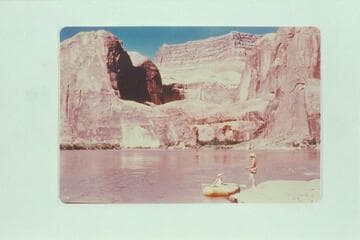 Ann Gaskill in boat, Helen Hartel on bank. Above Hidden Passage