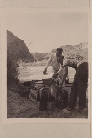 Willie Taylor and Edward Hudson fueling the "Esmeralda" prior to the start from Lees Ferry
