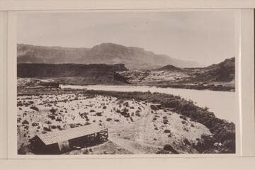 The boat house at Lees Ferry with the Vermillion Cliffs in the background