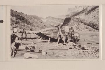 Boat repairs on lower Hance beach.  Left to right:  Moore, LaRue, Dodge, Burchard, Freeman and Lint