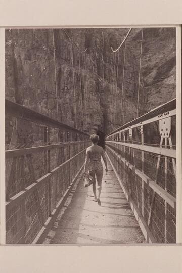 Margaret Marston crossing suspension bridge at Bright Angel Creek