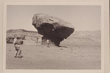 Balanced rock between Highway 89 and Lees Ferry.  Crew of NBC TV Wide Wide World study the picture possibilities