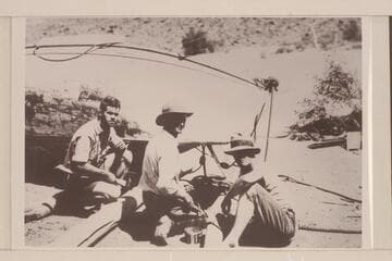 Overhauling the "Dellenbaugh" at Lees Ferry; Carey, Galloway, Seager.  Eddy photo copied from Carey collection