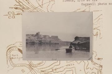 Down Labyrinth Canyon from Mile 35.8 with Steer Mesa and its outlying buttes at left. The butte at center was named The Castle bu the Brown-Stanton party in 1889