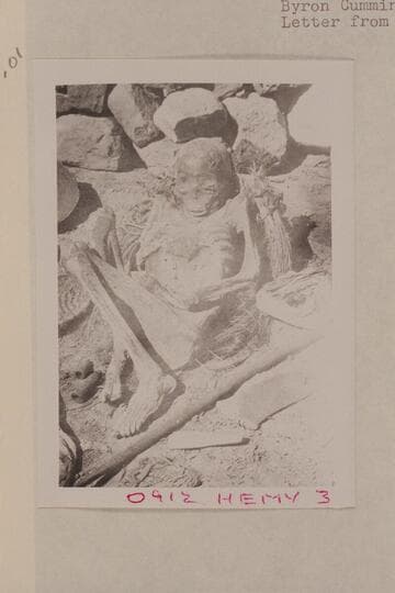 Copy of 15x18inch print captioned "Pre-historic mummy from 3000 to 1200 years old owned by F. A. Hyde, Bluff, Utah."