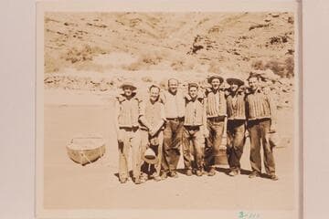Seven of the Dusty Eight: Bus Hatch, Fred C. Jayne, Russell G. Frazier, Royce Mowrey, Frank Swain, W. J. Fahrni and Alton Hatch. Mouth of Chuar Creek