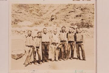 The Dusty Seven at Chuar Creek the morning of July 24, 1934: Bus Hatch, Royce Mowrey, Russ Frazier, Clyde Eddy, Frank Swain, Bill Fahrni and Alton Hatch. The flow of the river was so low during their cruise it was dusty