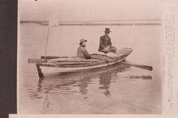 Russell and Monett at Needles.  End of traverse of Grand Canyon which began at Greenriver, Utah, 1907, Sep. 20 and ended at Needles 1908, Feb. 08