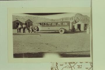 Bus en route to Marble Canyon Bridge dedication. Between Cameron and the Bridge. Print from Freeman collection