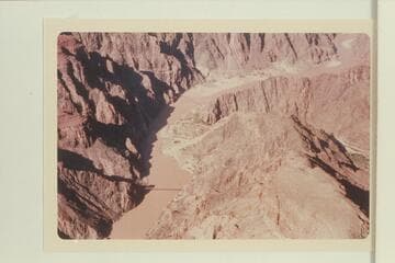Down to mouth of Bright Angel Creek showing the two outlets through the delta created by the flood of 1966, Dec