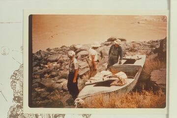 The "Ross Wheeler" on the talus at approximately Mile 107 left bank where it was left by Russell, Tadje, and Clement in 1914. Waltenerg pulled it from the river with a Spanish Windlass