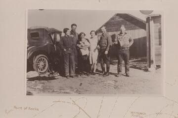 Nequoia Arch Survey, Black Mesa Traverse.  Winter.  Robbers Roost Headquarters.  Hazel Biddlecome, Harold Ekker, Millie Biddlecome (with whose baby?), Ted Crum, Arthur Ekker, Pearl Biddlecome next to Millie