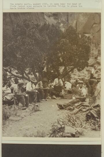 The Armsby party in camp near the head of Piute Canyon when enroute to Rainbow Bridge to place the Nasia bronze plaque