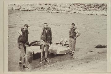 Jack Wimpress, Walter Prevost, and Don Wimpress just before the start down the San Juan River from Mexican Hat. The Navy surplus life jackets were worn on the San Juan and most of the time on the Colorado