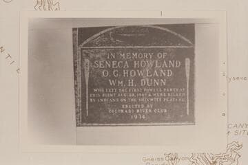 Plaque at Separation Rapid placed there by  Dusty Dozen 1934, Aug. 28, and replaced 1939, Aug. 28.  This photo was made prior to start of 1934 cruise and is copy of a reproduction in a Salt Lake City [paper?], probably Deseret News of 1934, July 14