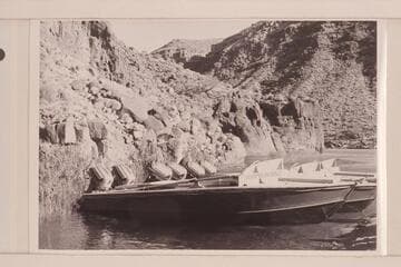 The three boats in the lagoon at the mouth of Tapeats Creek. The boats were walked over the bar at the mouth of the lagoon