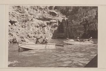 Lorin Bell and Lois Jotter in the "Mexican Hat."  Del Reed and William Gibson in the "Botany."  Clover-Nevills party of 1938 after reaching Lake Mead.  Emory [sic] Falls in background