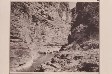 Looking up the lagoon at mouth of Supai Creek. Boats moored in middle distance