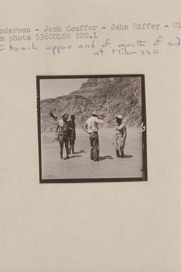 Rod Sanderson; Jack Couffer; John Riffey; Claude Nichols. On the beach upper end of mouth of side canyon at Mile 220