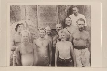 1942 Grand Canyon party at Separation Rapid. Lower: Nevills, Walker, Wilson, Olsen. Upper: Marston, Wilson, Marston, Hudson, McConkie