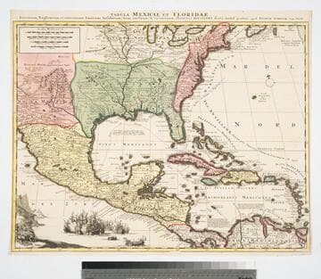 Tabula Mexicae et Floridae : terrarum Anglicarum, et anteriorum Americae insularum; item cursuum et circuituum fluminis Mississipi dicti. Amstel. prostant / apud Petrum Schenck, Cum. Privil