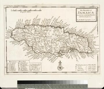 Island of Jamaica Divided into its Principal Parishes with the Roads &c. By H. Moll Geographer 1728
