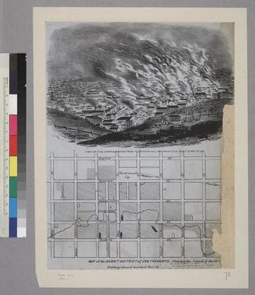 View of the Conflagration from Telegraph Hill San Francisco, Night of May 3rd 1851. [upper] Map of Burnt District of San Francisco. [lower]