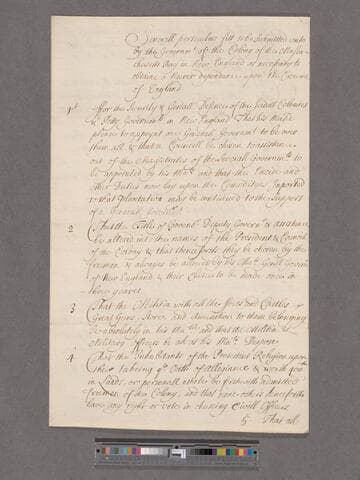 Randolph, Edward. Letter to Sir Robert Southwell : Severall perticulars fitt to be Submitted unto by the Government of the Colony of ye Massachusetts Bay ... as necessary to obtaine a neerer dependance upon the Crowne of England