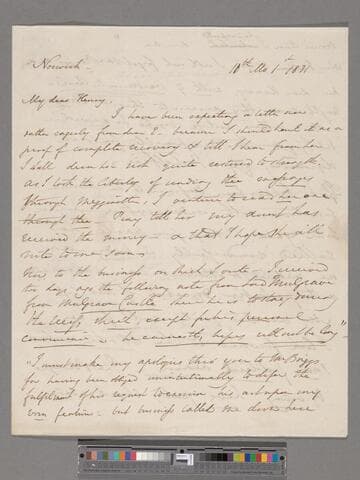 Opie, Amelia (Alderson).  Letter to Henry Perronet Briggs