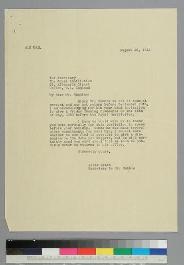 Secretary Alice Beach writes to Alexander Rankine