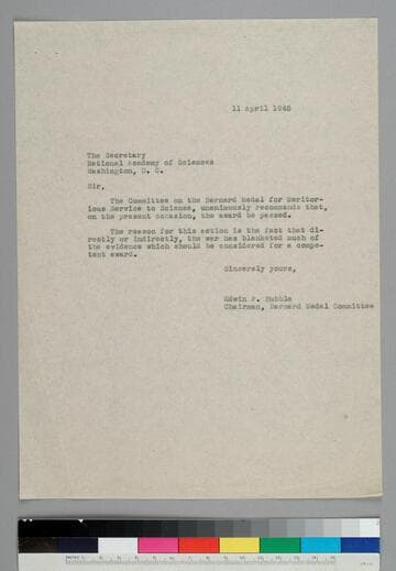 EPH, as chairman of the Barnard Medal Committee, writes to the Secretary of the National Academy of Sciences