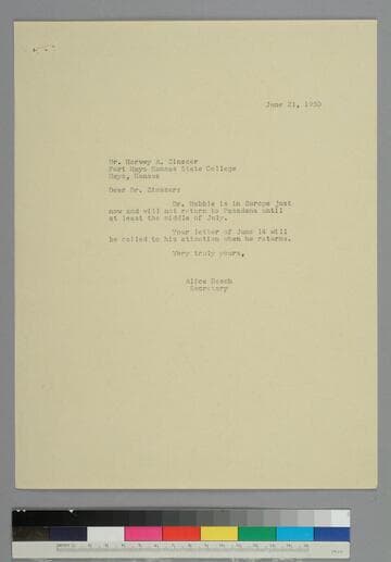 Secretary Alice Beach writes on behalf of EPH to Harvey Zinszer of Fort Hays Kansas State College