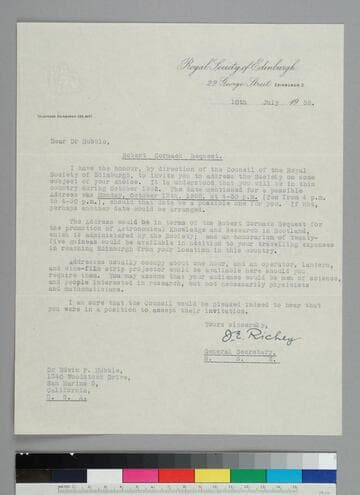 J. E. Richey, general secretary of the Royal Society of Edinburgh, writes to EPH
