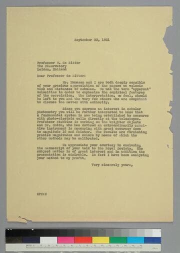 EPH writes to astronomer Willem de Sitter