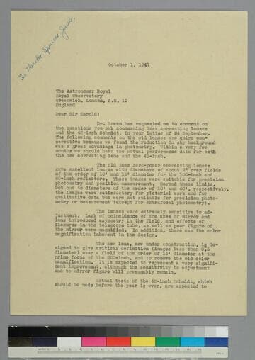 EPH writes to Harold Spencer-Jones