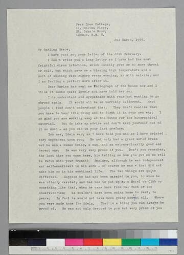 Writer Fryniwyd Tennyson (Jesse) Harwood writes to her friend GBH