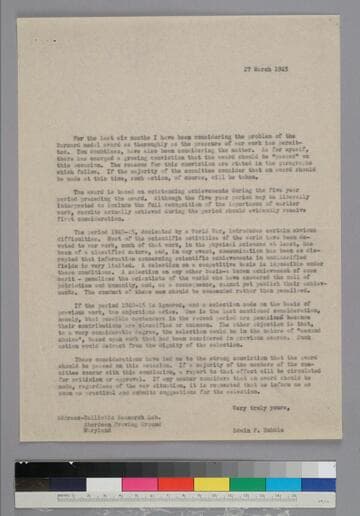 EPH writes to the Barnard Medal Committee of the National Academy of Sciences